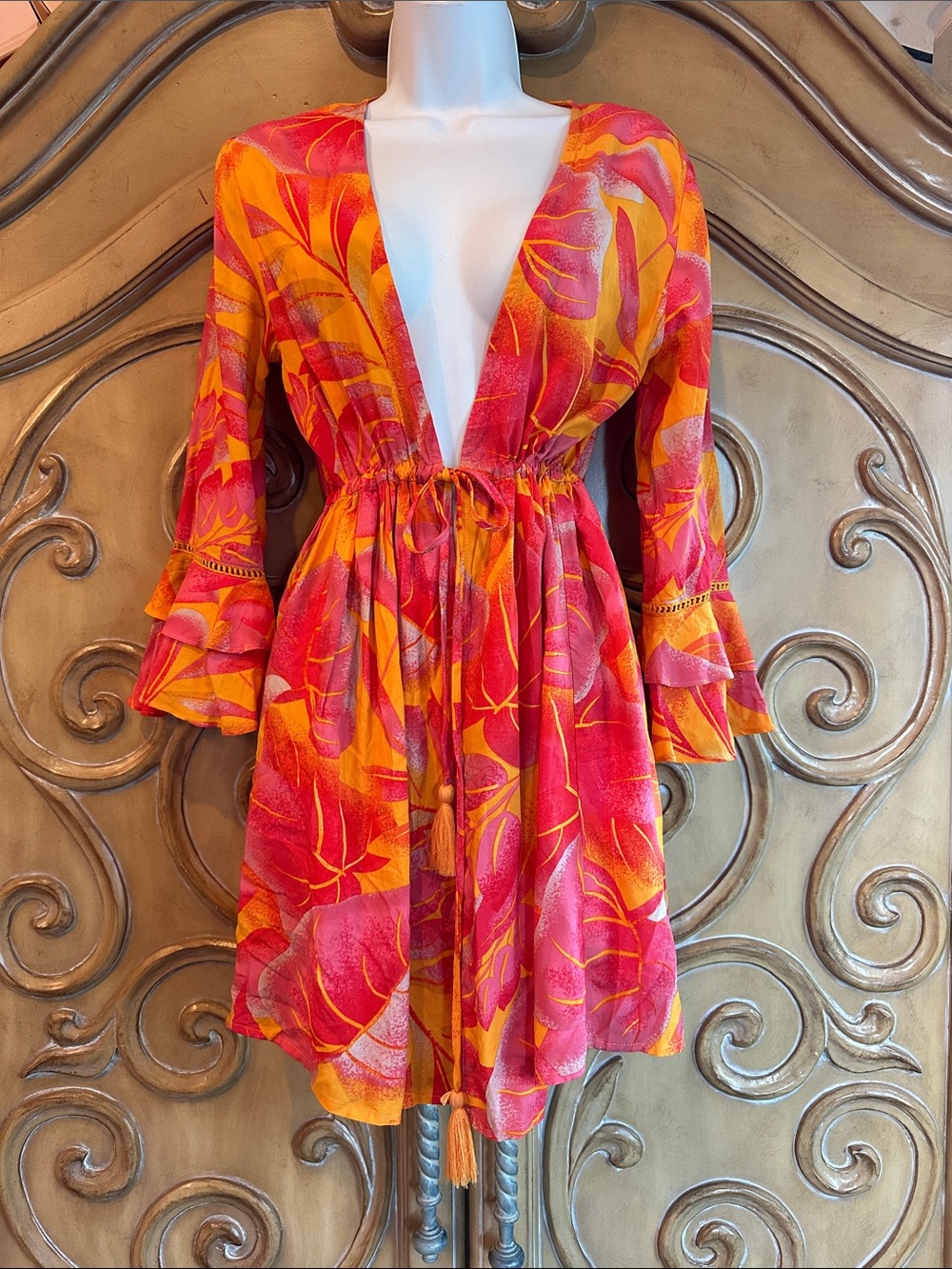 Pink & Orange Tropical Print V-Neck Coverup with Tie Waist